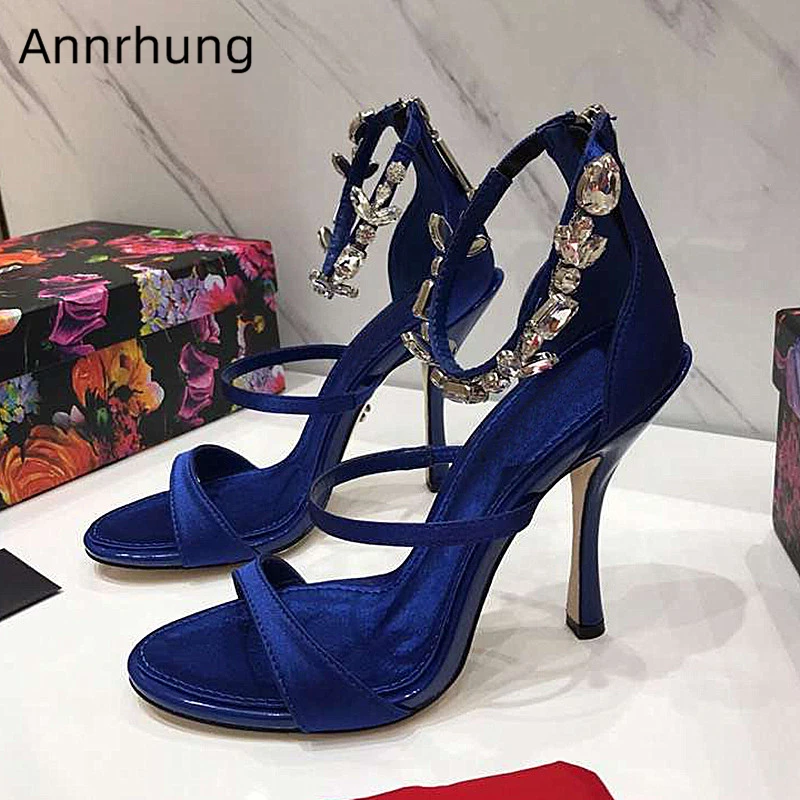 

Luxury Crystal Decor Satin Women Sandals One Strap Stiletto High Heels Rhinestone Stage Shoes Sexy Gladiator Sandals Women