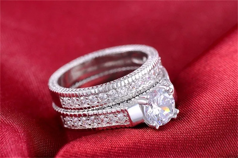 Настоящее серебро 925 пробы, кольца комплект платьев с принтами в виде сердечек со стрелами 1ct CZ Diamant обручальные кольца для Для женщин двойной Обручение кольцо R121