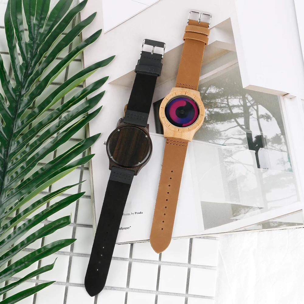 YISUYA Blue Turntable Men's Bamboo Wooden Wrist Watch Women Unisex Quartz Novel Wood Clock Genuine Leather Band Strap Watch Gift (12)