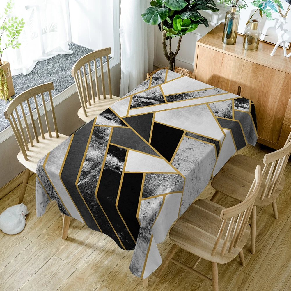  Geometric Striped Polyester Fabric 3D Tablecloth Black&Gray Splice Pattern Thicken Washable Rectang