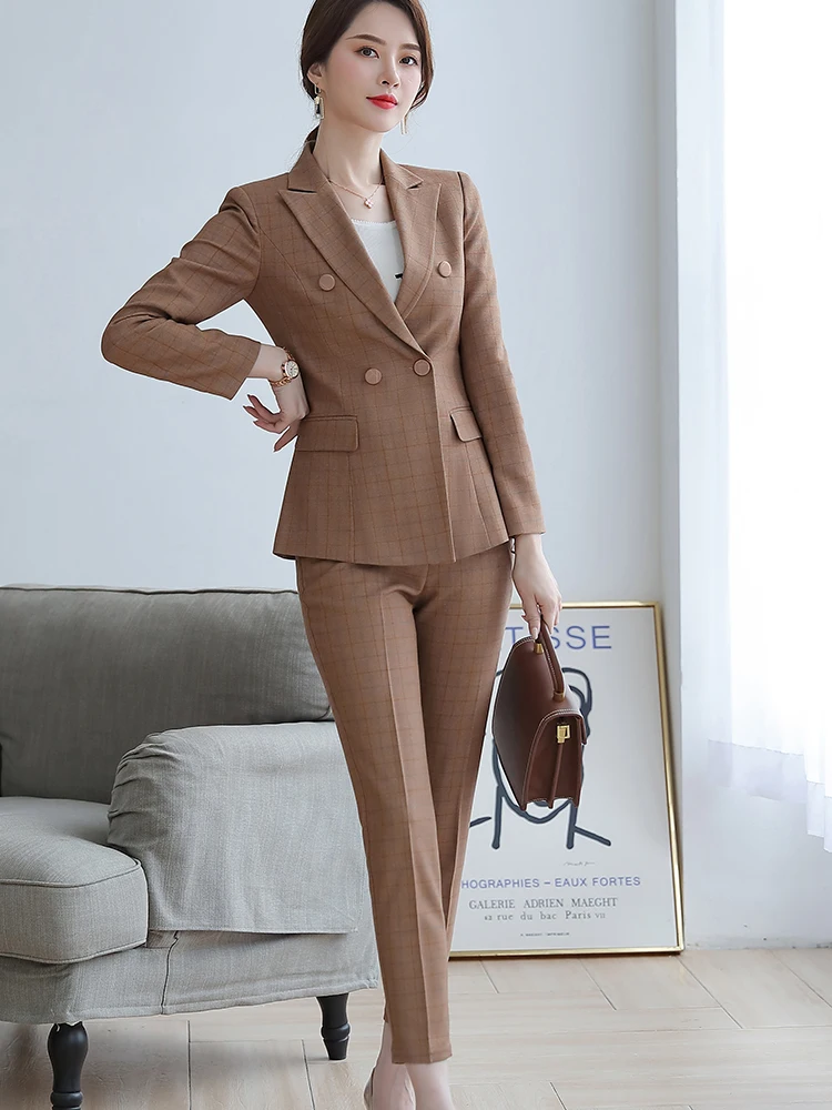 Women Pant Suit Two Pieces Set Size S-5XL Pink Brown Plaid Jacket Blazer With Plaid Trouser Sets Casual Fashion Suits