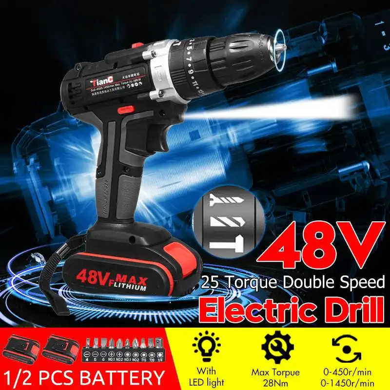 

DOERSUPP 3-Speed Electric Screwdriver Cordless Drill Impact Drill Rechargeable Power Driver 48V Max Lithium-Ion Battery