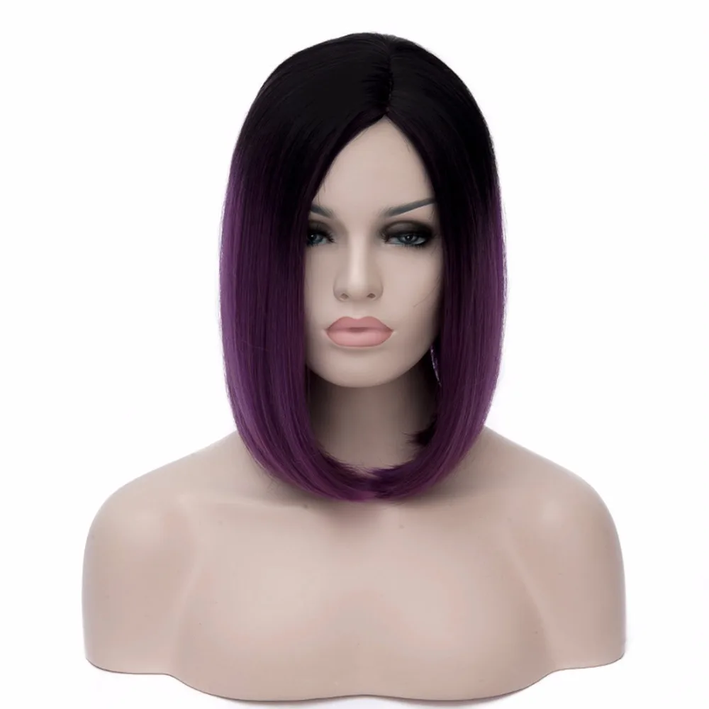 Ombre Bob Sintetis Wig Ungu Wig Murah Sintetis Potongan Rambut Wig