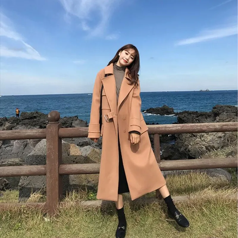 

High-quality woolen coat in long fashion windbreaker 2019 spring autumn and winter coat Slim large pocket woolen coat