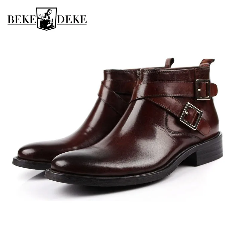 Men Boots Genuine Leather Double Buckle Black Brown Male Ankle Boots Shoes Motorcycle Biker High Quality Footwear Large Size