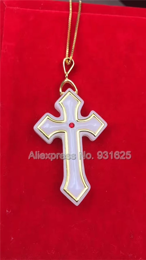 

Natural 100% Full Solid Gold Inlaid White HeTian Yu Carved Amulet Cross Lucky Pendant + Necklace + Certificate Fashion Jewelry