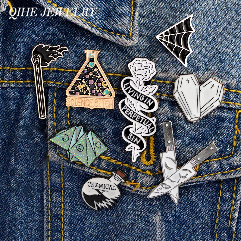 

QIHE JEWELRY Punk Pins Collection Origami Coffin Chemical Cobweb Dagger Enamel pins Lapel pin Badges Brooches for men women
