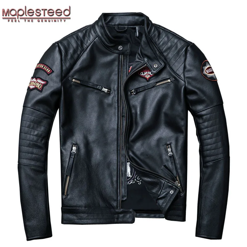

MAPLESTEED Embroidery Skull Leather Jacket Men Motorcycle Jackets 100% Cowhide Skin Moto Biker Coat Male Clothing Winter M147