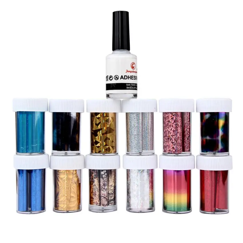 

Nail Art Transfer Foil 12 Colors Sticker for Nail Tip Decoration &2Glue Set Y505