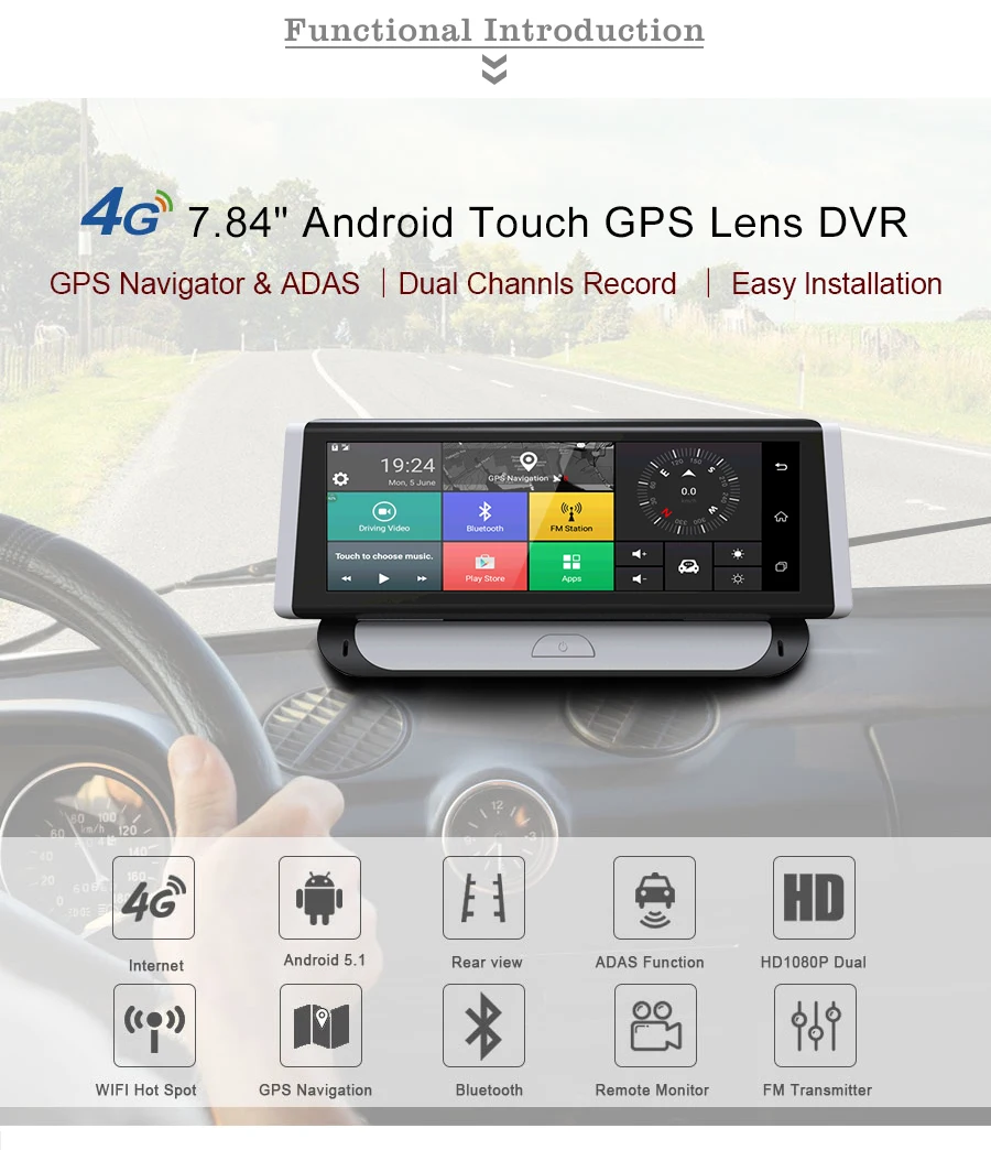 TOPSOURCE Автомобильный видеорегистратор 4G ADAS gps навигация HD 1080P 7,8" Android 5,1 видеорегистратор с двумя объективами dvr Bluetooth Камера gps
