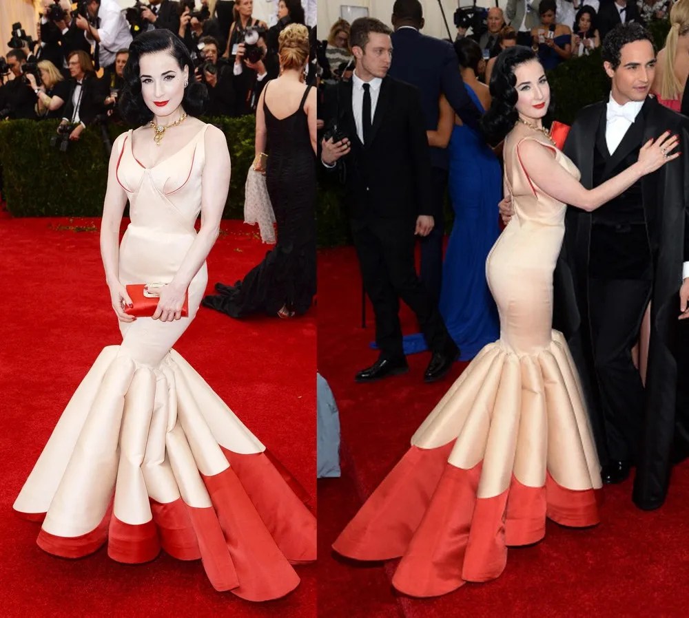 Dita von Teese 2014 Cannes Red Carpet in champagne and red mermaid sexy gown with V neck floor length Long evening dresses.jpg