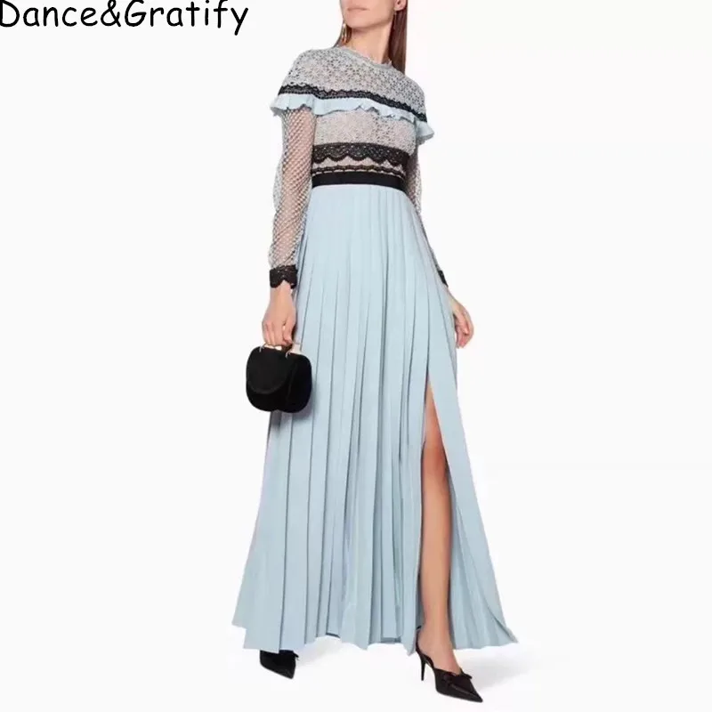 

2019 Spring Newest Lace Pleated Split Sexy Woman Long Maxi Dress Patchwork Chic Dress Holiday Vacation Beach Vestido