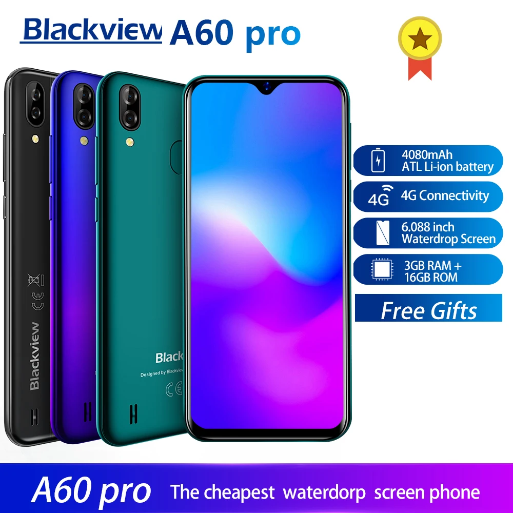Blackview A60 Pro Smartphone Android 9.0 4G Mobile Phone MTK6761 Quad Core 6.088 inch Waterdrop Screen 3GB RAM 16GB ROM Touch ID
