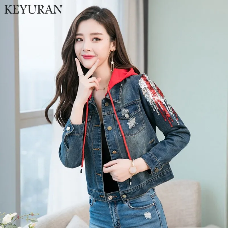 

Spring Autumn Vintage Sequins Hole Denim Jacket Women With Hooded Long Sleeve Short Jeans Jacket Women Denim Coat Ladies Coats