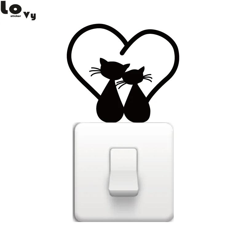 

Cat Couple with Heart Tails Cuddling on Light Switch Sticker Cartoon Animal Art Wall Stickers for Kids Rooms Bedroom Home Decor