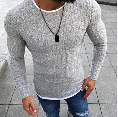 Мужской осенний сексуальный обтягивающий лонгслив, однотонный вязаный пуловер, тонкие свитера, облегающий свитер с круглым вырезом, пуловеры, большие размеры S-5XL