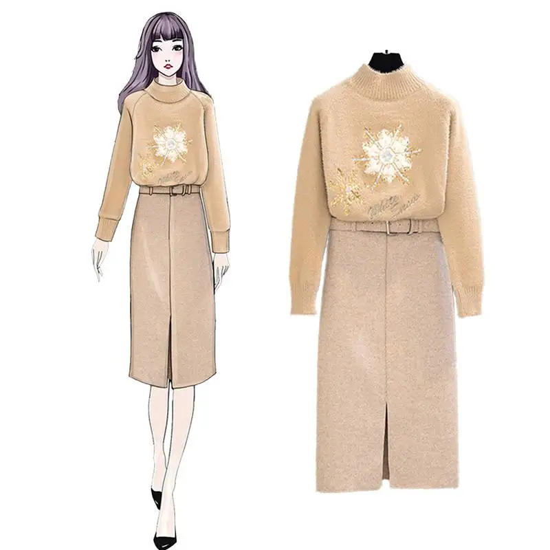 

Women 2019 New Spring Autumn Half Turtleneck Embroidered Knitted Pullover Sweater Tops+Solid Slim Wool Skirt With Belt Sets V683