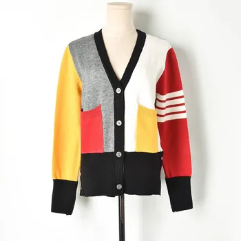 

Women Sweater Spring 2019 stitching contrast color pocket knitted sweater cardigan new round neck sweater