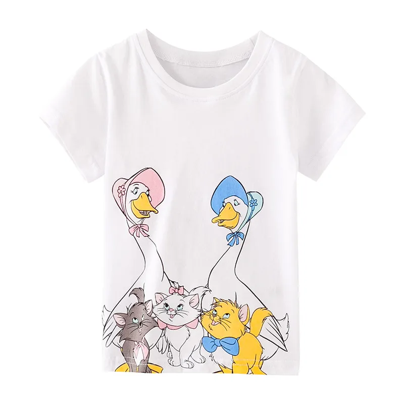 

Little Maven New Summer Kids Clothing Short O-neck White Mrs Goose Cats Cartoon Printed Knitted Cotton Girls Casual Tshirts Tee