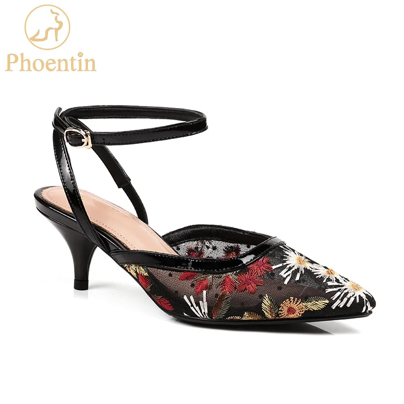 

Phoentin embroidered flower Women's shoes 2018 mesh slingbacks thin high heels pointed toe women's genuine leather shoes FT473