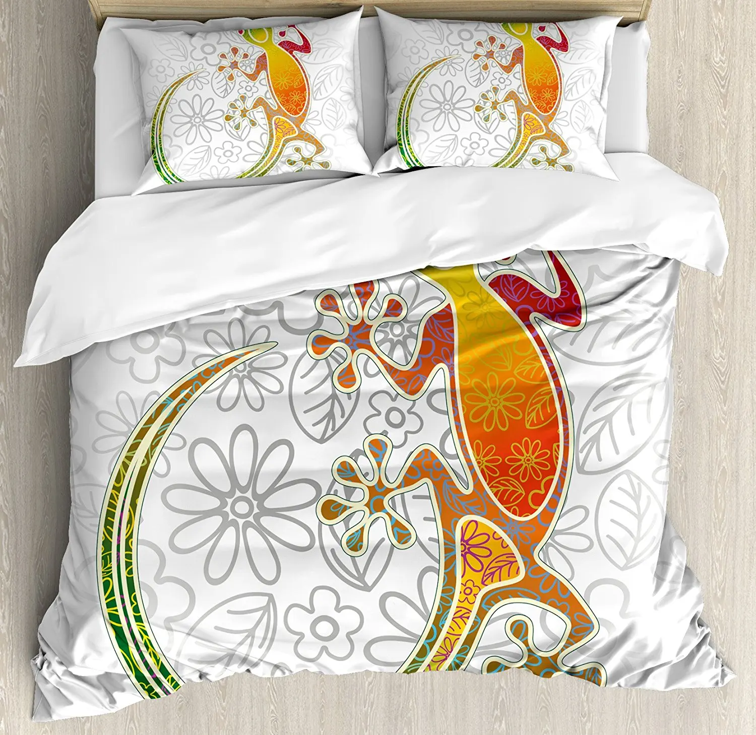 

Batik Decor Duvet Cover Set Native Southeast Asian Common House Gecko Colorful Moon Lizard Tropical Monster 4 Piece Bedding Set