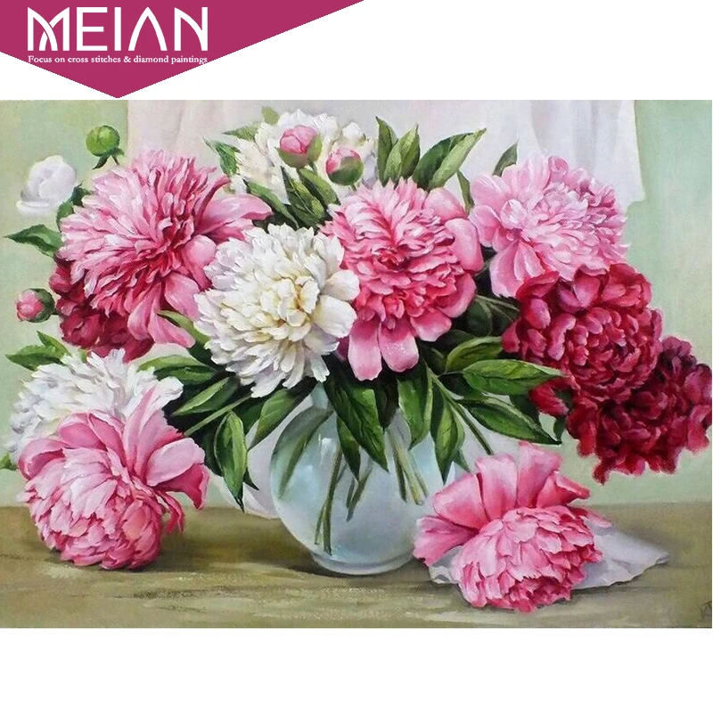 

Meian DIY 5D Diamond Mosaic "Pink flowers" 5D Full Diamond Painting Cross Stitch Kits Square Diamond Embroidery Home Decoration