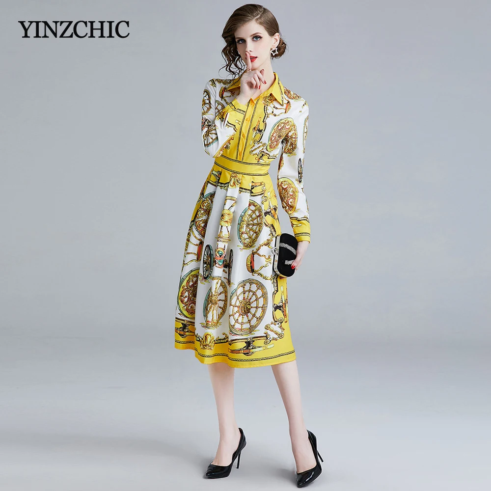 

New Spring Womans Print Dress Turn-down Collar Female Casual Shirt Dresses OL Mid Street Dress Vintage Printed Dress Woman