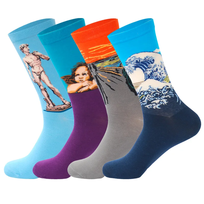 LIONZONE 4 пар/лот счастливые мужские носки смешное искусство платье носки мужские летние модные носки набор принт Ван Гог искусство носки - Цвет: C8
