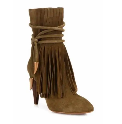 

2017 Hot Selling Winter Spike Heels Ankle Boots Pointed Toe Suede Fringed High heel Boots Gold Button Decorations Short Boots