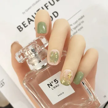 

24pcs Summer DIY Fashion Nail Art Tips with Glue Green Armor Short Waterproof False Nails Girls Japanese Fresh Style Fake Nails