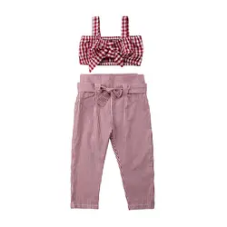 Модные комплекты Для детей для маленьких девочек в клетку с бантом укороченный топ, жилет брюки наряды комплект 2-7Years