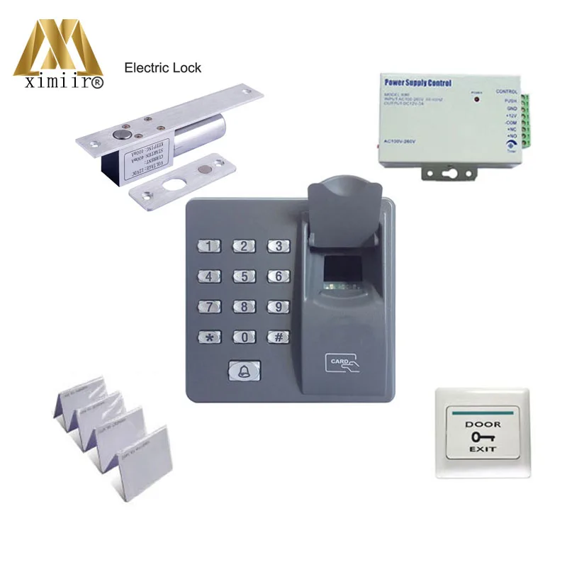 

Standalone x6 fingerprint and ID card access control kit with electric bolt lock 12V3A power supply exit button 125KHZ ID card
