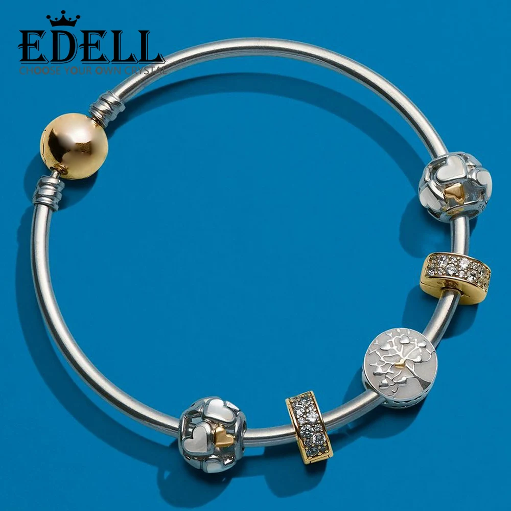 

EDELL 100% 925 Sterling Silver 1:1 Tree of Hearts Charm Luminous Hearts Charm, Mother-Of-Pearl & 14K Gold Bangle Gift Set