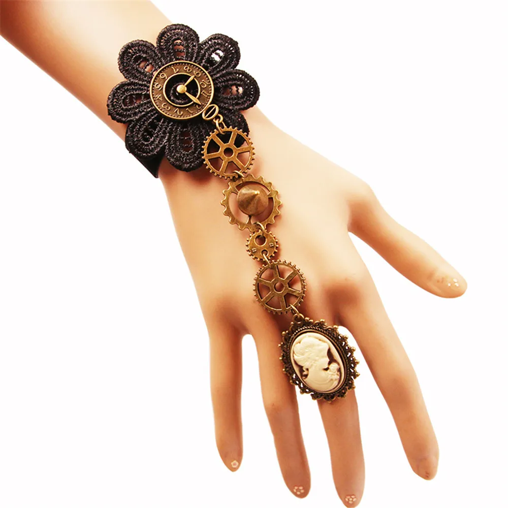 Косплей средневековый Ретро Лолита черный кружевной Готический вампирская Роза браслет с кольцом одна цепь для Хэллоуина реквизит костюм - Цвет: 2