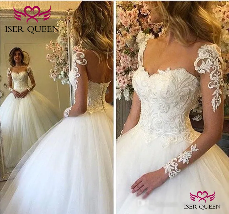 

Princess Stylish Sweetheart Neckline Ball Gown 2019 Spanish See-through Long Sleeves Backless Tiered Sheer Wedding Dresses w0353