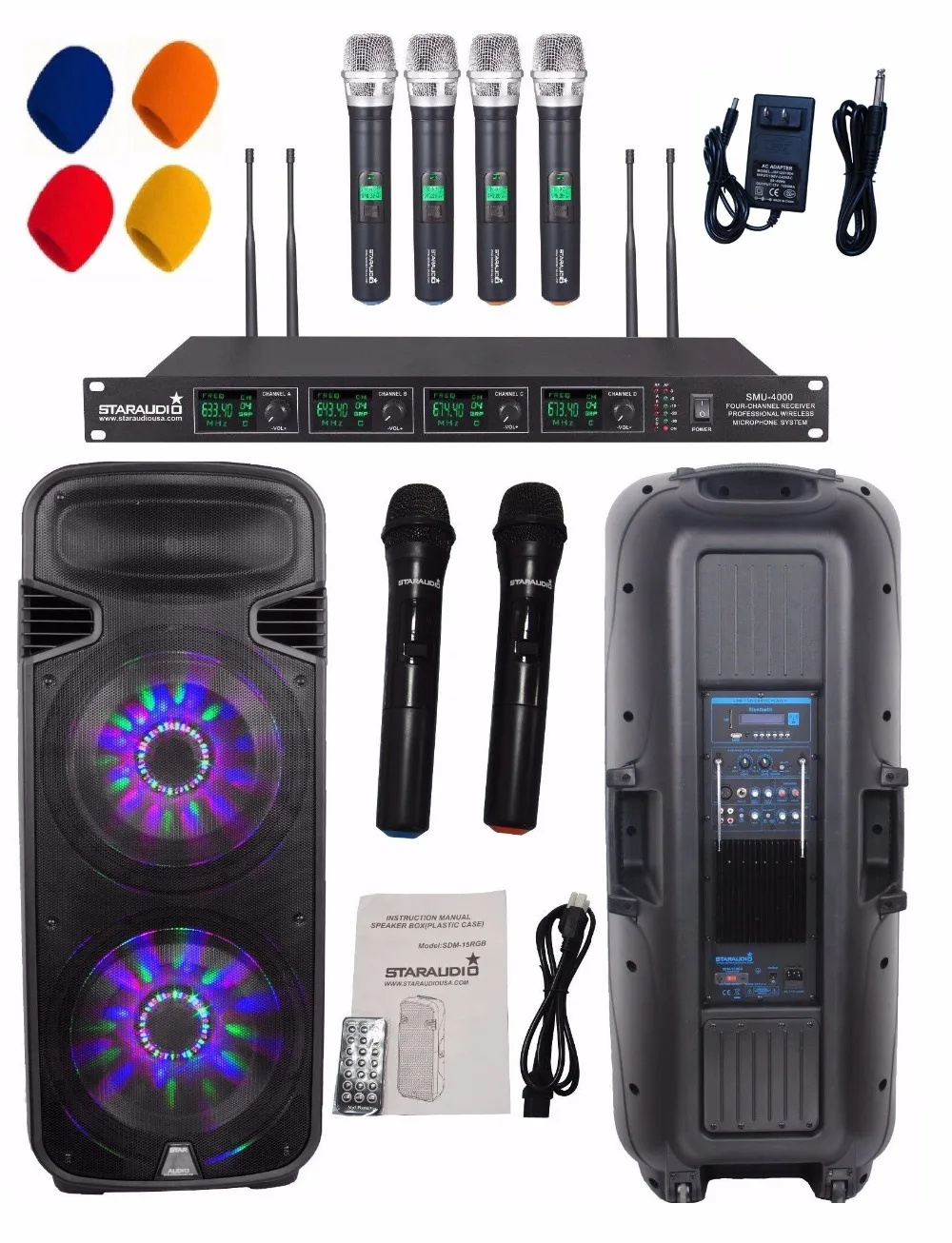 

STARAUDIO SDM-15RGB 4500W 15" Dual Powered RGB LED Light USB SD FM BT Speaker W/ 4CH UHF Mic System 2 Pcs Wireless Microphones