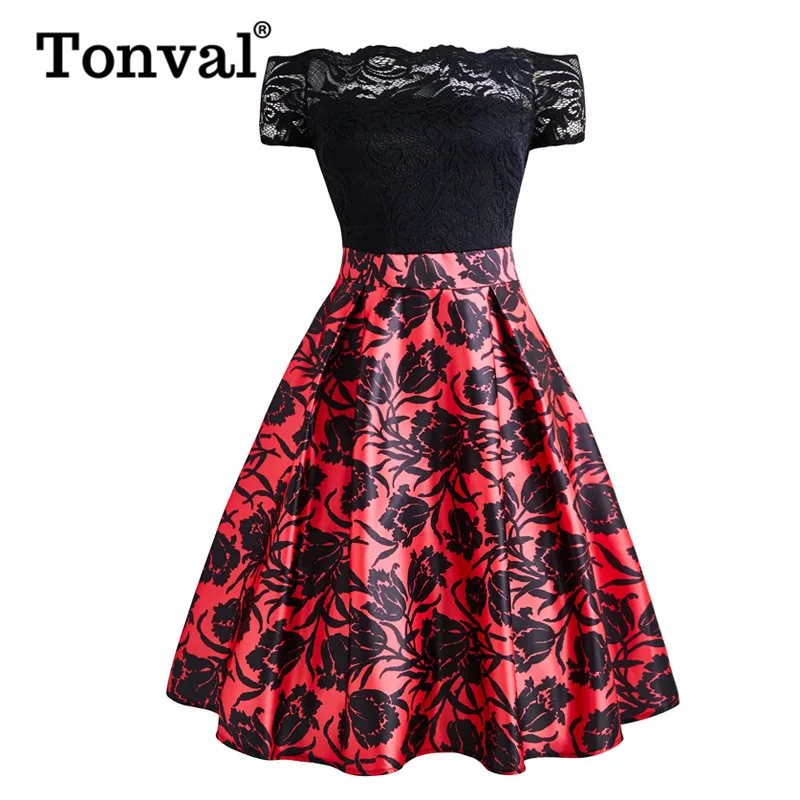 

Tonval Contract Lace Off Shoulder Sexy Party Club Dress Women Red Vintage Floral Print Fit and Flare Elegant Dresses
