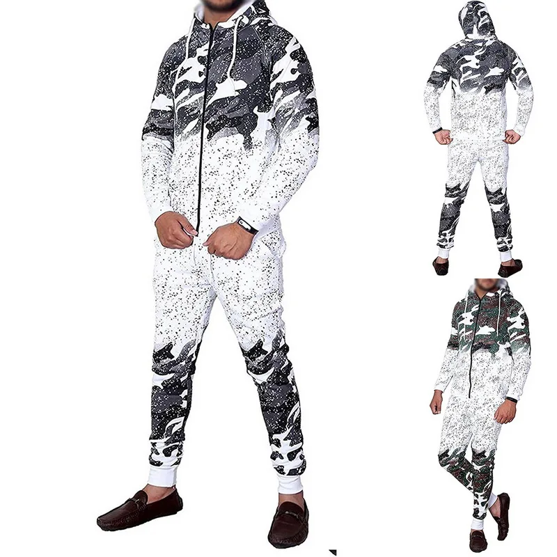 

Shujin Autumn Winter Camouflage Men Suits Men's Casual Tracksuit Patchwork Two Pieces Set with Zipper chandal hombre