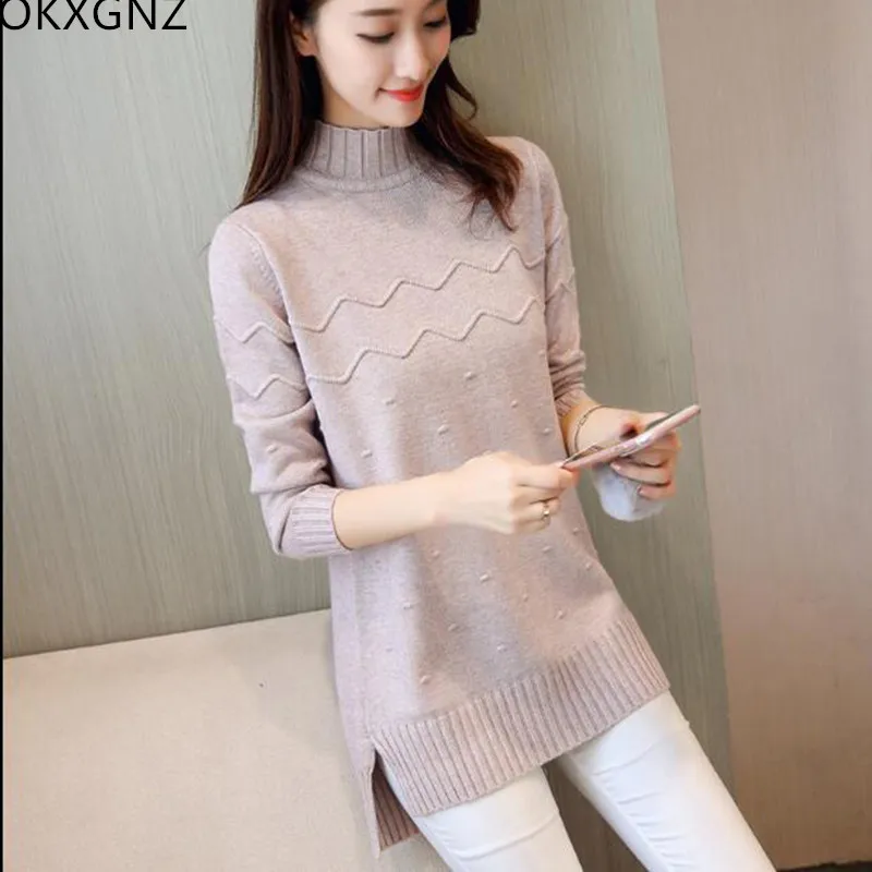 

2018 Women's Spring Half Turtleneck Sweater Long Loose Bottom Knit Sweater Yellow Gray Apricot Pink Elegant Warm Outside Sweater