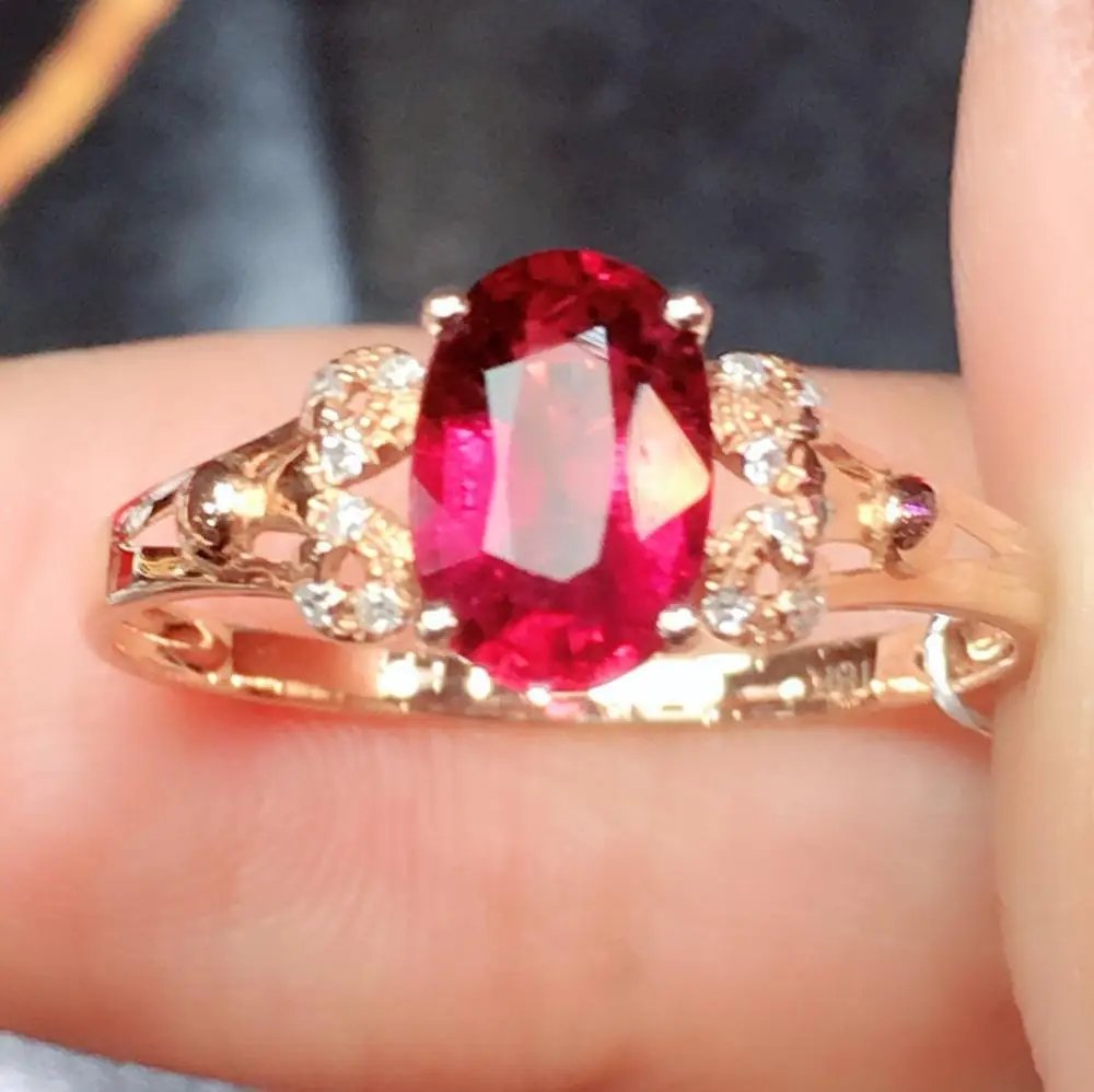 

Fine Jewelry Real Pure 18 K Gold AU750 100% Natural Red Tourmaline Gemstone 1.18ct Female Rings Brazil Origin for Women's Gift