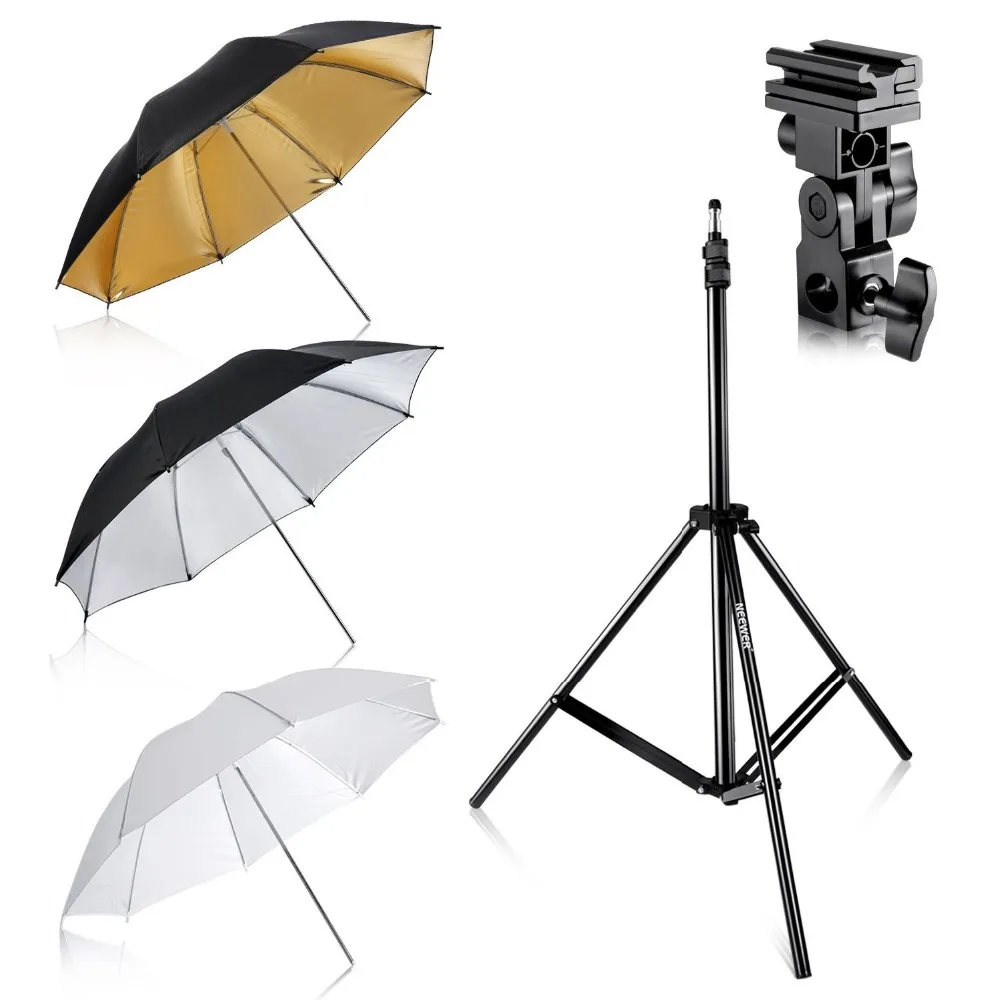 

Neewer Flash Mount Three Umbrellas Kit 33"/84cm White Soft/Silver Reflective/Gold Reflective Umbrella for Canon Nikon Yongnuo