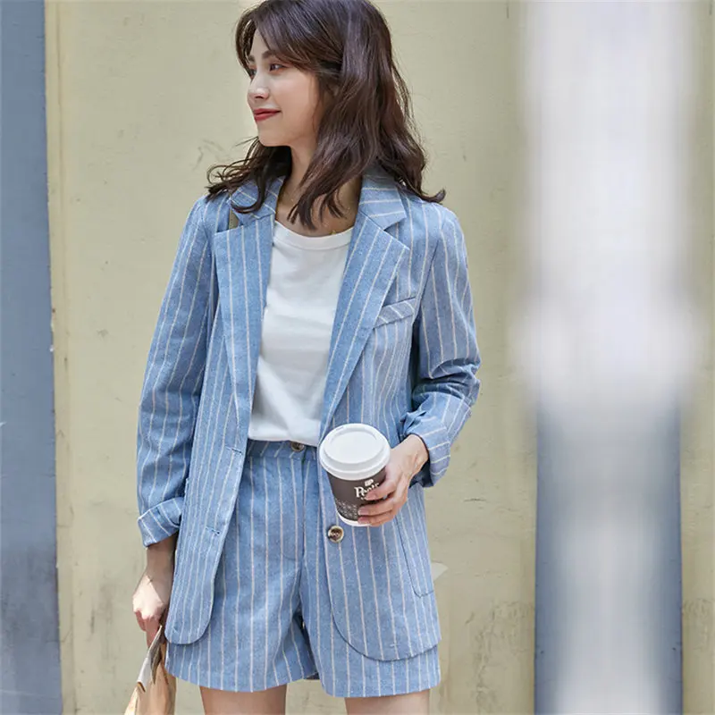 

HziriP Summer Office Ladies Striped Full-sleeved Suit Women Blazers+ Stylish Simple Blue Wide Leg Shorts Fresh Set 2 Piece Set