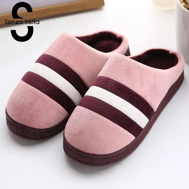 

Senza Fretta Women Slippers Striped Bottom Lovers Women Men Indoor Slippers Warm Cotton Shoes Indoor Warm Slippers For Female