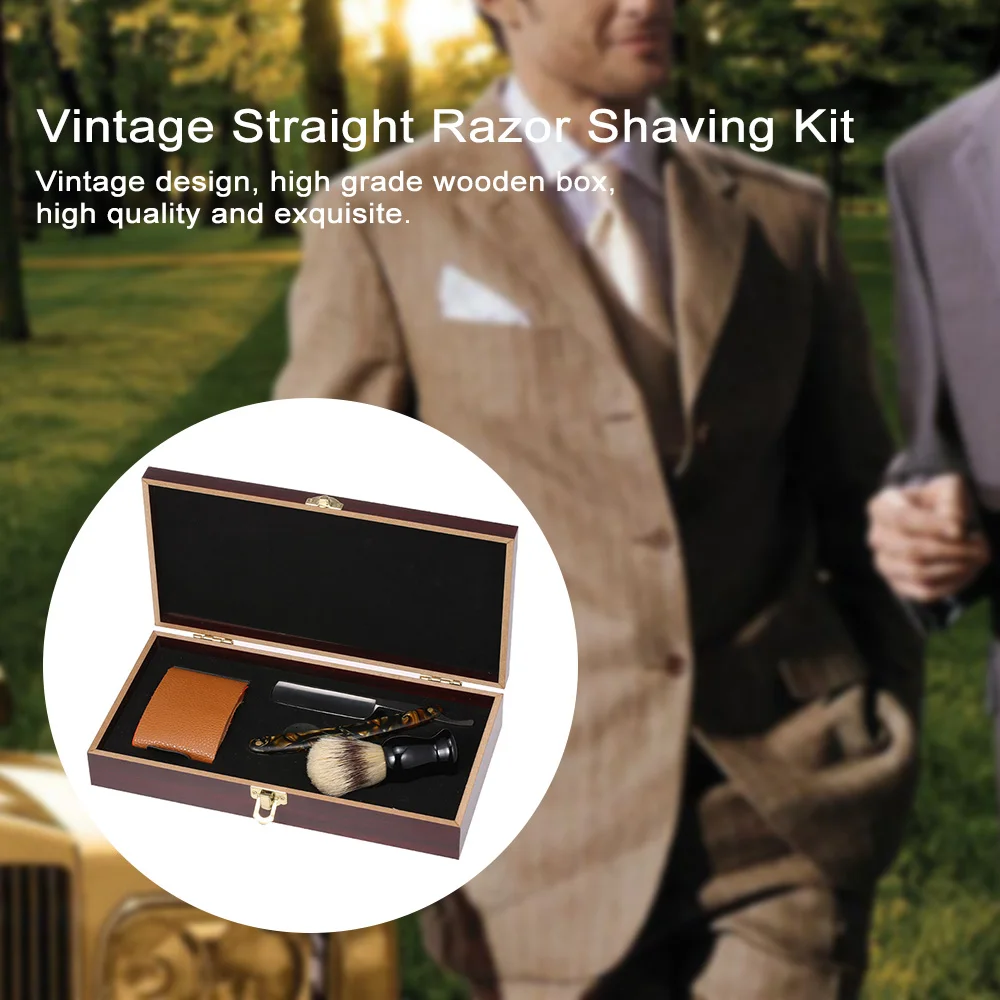 

Vintage Straight Razor Shaving Kit Sharpening Strop Brush Shaving Set Barber Stainless Steel Edge Folding Knife Wood Case