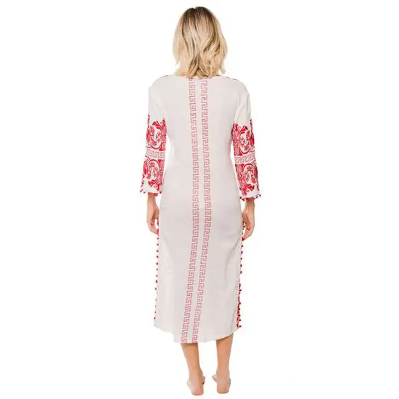 Богемный Вдохновленный женский Красный Кафтан летние платья с вышивкой и помпонами богемное пляжное платье для женщин vestidos chic