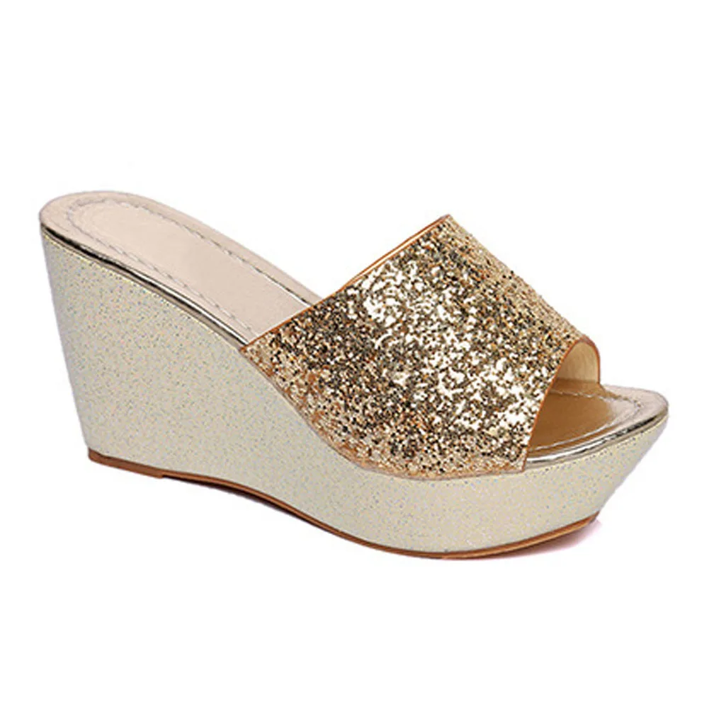 

2018 Fashion Summer Slippers High Heel Wedges Slides Bling Open Toe Thick Platform Slide Women Comfortable Beach Flip Flops