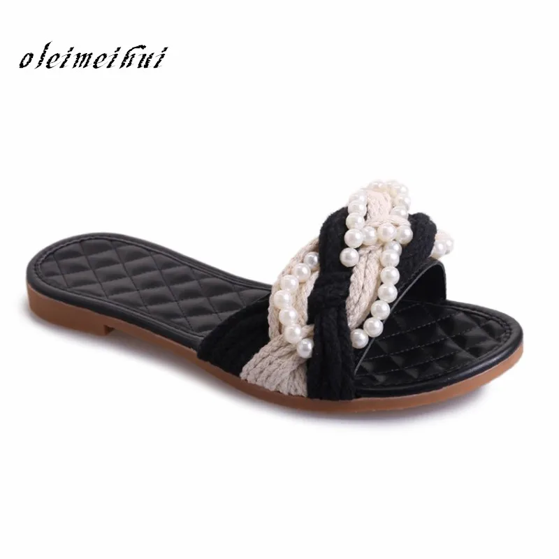 2018 pearl slipper women flower shoes sandals lady luxury designer brand model slipper summer sandals famous popular slippers