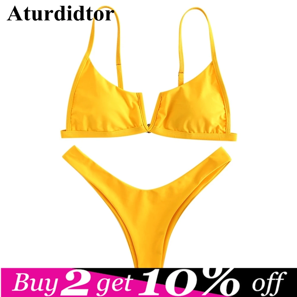 High Leg Bikini Set Vwired V Neck Girls Bikini Solid Color Red Yellow