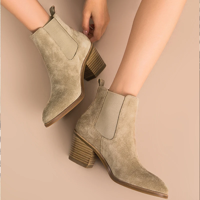

Women Winter Snow Boots Genuine leather Ankle Spring cheleas heel boot woman Short Brown Boots 2019 for women boots