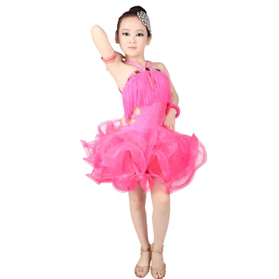 Сексуальное платье для латинских танцев, сальсы, румбы, сальсы, без рукавов, стразы, пышная юбка, сценическое платье с кисточками - Цвет: Pink